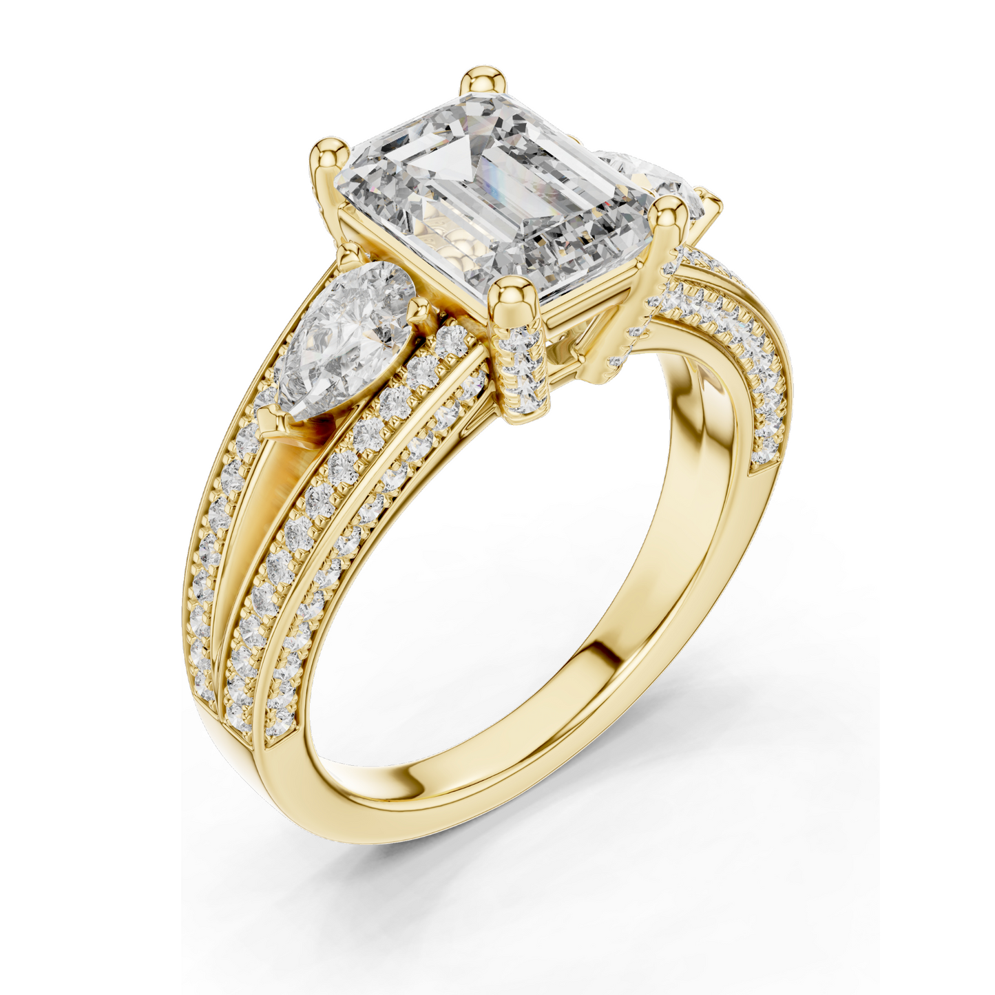 3.1 CT Lab-Grown Diamond Engagement Ring | Emerald Cut with Pear-Shaped Side Stones | 18KT, 14KT, 10KT Gold & 925 Silver | Rose, Yellow, White Gold Options | Luxury Fine Jewelry