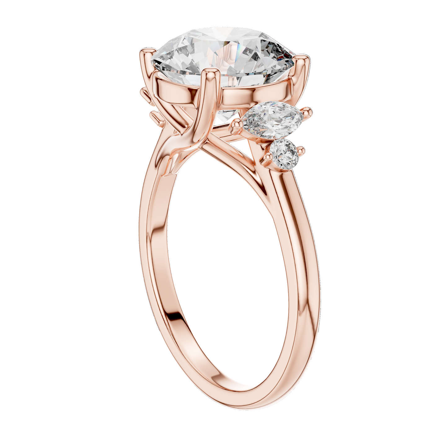 3.87 CT Lab Diamond Engagement Ring with Marquise Side Stones | VVS-VS EF Clarity | 18KT, 14KT, 10KT Gold & 925 Silver | Moissanite & Diamond Options