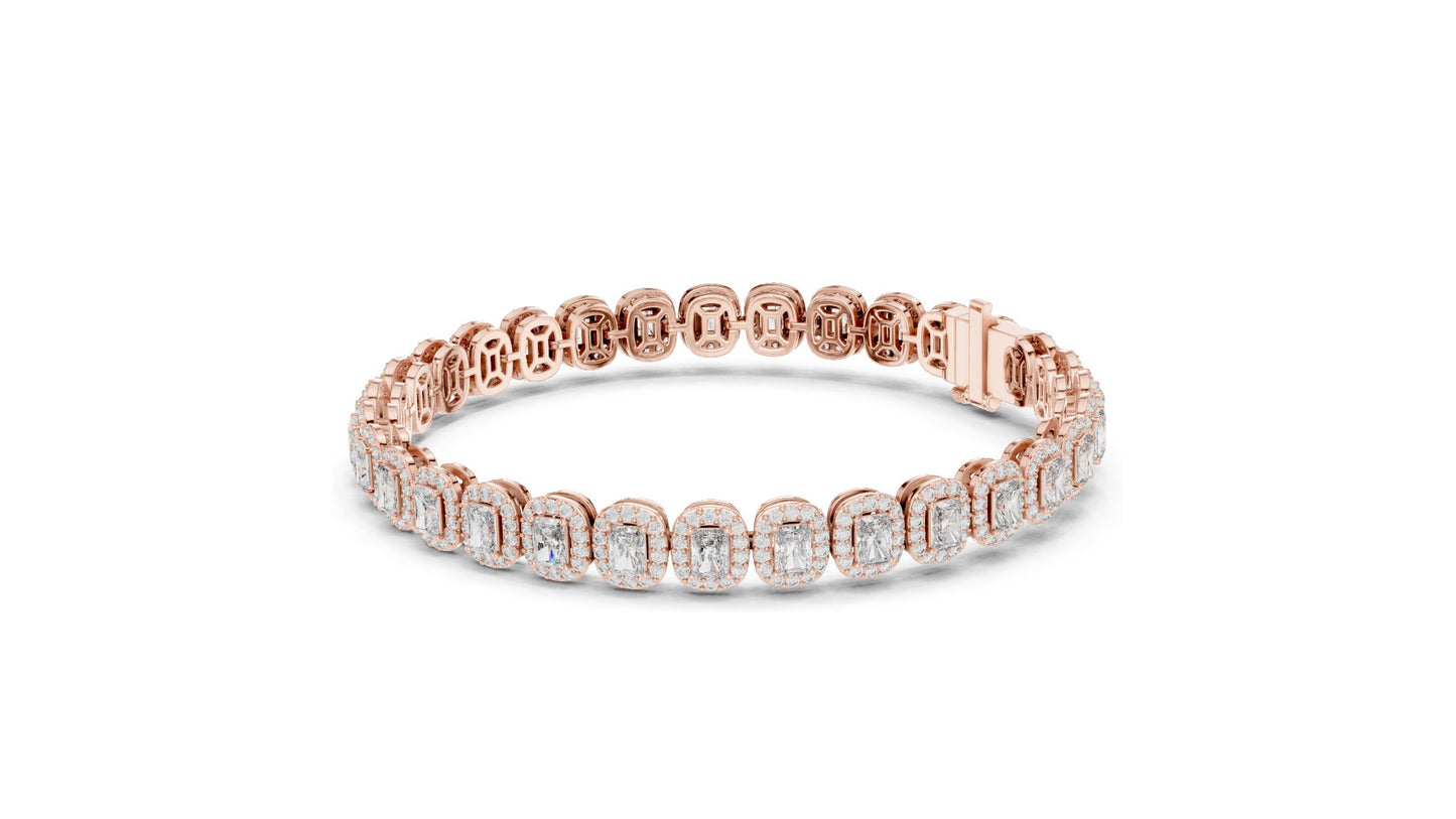 7.04 CT Lab Diamond Halo Tennis Bracelet | Emerald & Round Brilliant Cut | VVS–VS EF CVD | 10KT, 14KT, 18KT Gold & 925 Silver | Rose, Yellow, White Gold Options | Luxury Fine Jewelry
