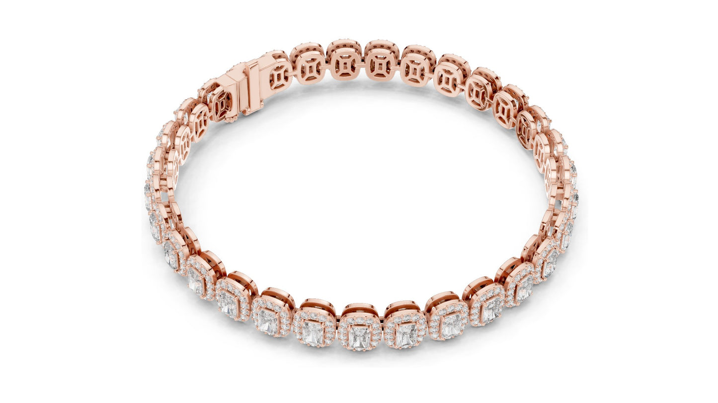 7.04 CT Lab Diamond Halo Tennis Bracelet | Emerald & Round Brilliant Cut | VVS–VS EF CVD | 10KT, 14KT, 18KT Gold & 925 Silver | Rose, Yellow, White Gold Options | Luxury Fine Jewelry