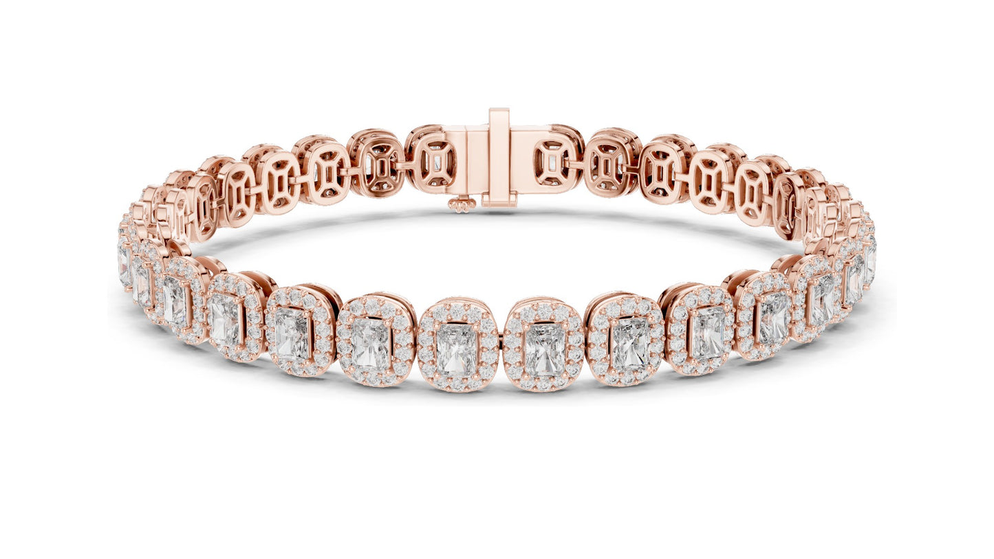 7.04 CT Lab Diamond Halo Tennis Bracelet | Emerald & Round Brilliant Cut | VVS–VS EF CVD | 10KT, 14KT, 18KT Gold & 925 Silver | Rose, Yellow, White Gold Options | Luxury Fine Jewelry