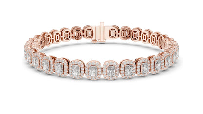 7.04 CT Lab Diamond Halo Tennis Bracelet | Emerald & Round Brilliant Cut | VVS–VS EF CVD | 10KT, 14KT, 18KT Gold & 925 Silver | Rose, Yellow, White Gold Options | Luxury Fine Jewelry