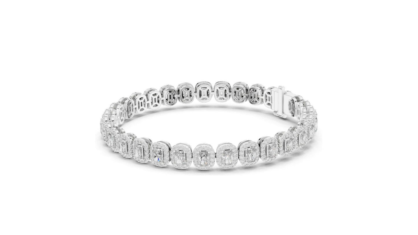 7.04 CT Lab Diamond Halo Tennis Bracelet | Emerald & Round Brilliant Cut | VVS–VS EF CVD | 10KT, 14KT, 18KT Gold & 925 Silver | Rose, Yellow, White Gold Options | Luxury Fine Jewelry