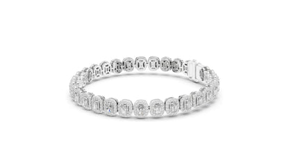 7.04 CT Lab Diamond Halo Tennis Bracelet | Emerald & Round Brilliant Cut | VVS–VS EF CVD | 10KT, 14KT, 18KT Gold & 925 Silver | Rose, Yellow, White Gold Options | Luxury Fine Jewelry