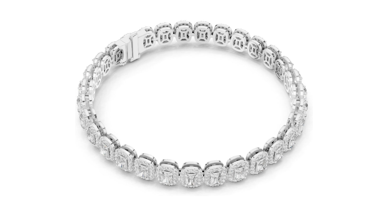 7.04 CT Lab Diamond Halo Tennis Bracelet | Emerald & Round Brilliant Cut | VVS–VS EF CVD | 10KT, 14KT, 18KT Gold & 925 Silver | Rose, Yellow, White Gold Options | Luxury Fine Jewelry