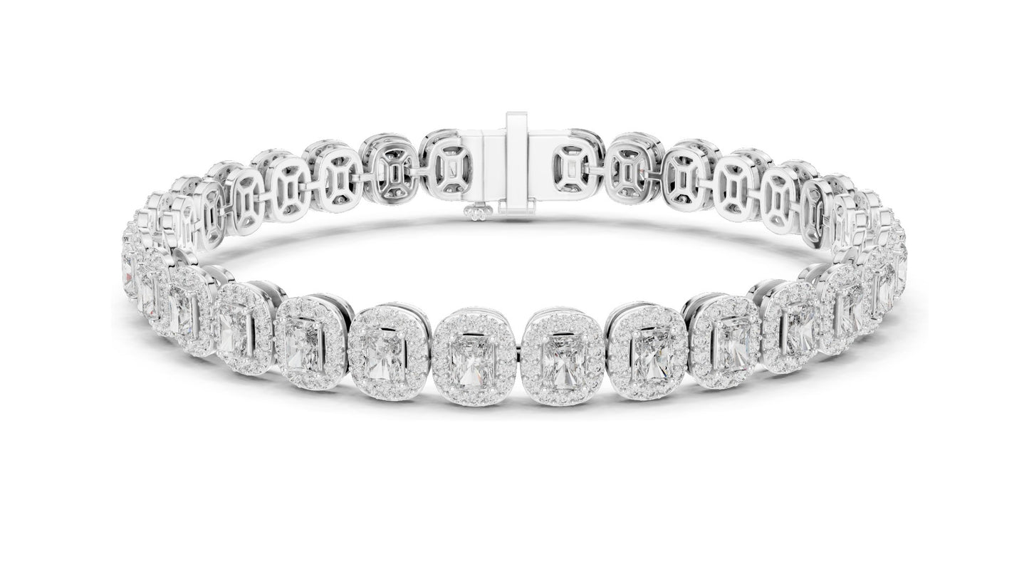 7.04 CT Lab Diamond Halo Tennis Bracelet | Emerald & Round Brilliant Cut | VVS–VS EF CVD | 10KT, 14KT, 18KT Gold & 925 Silver | Rose, Yellow, White Gold Options | Luxury Fine Jewelry