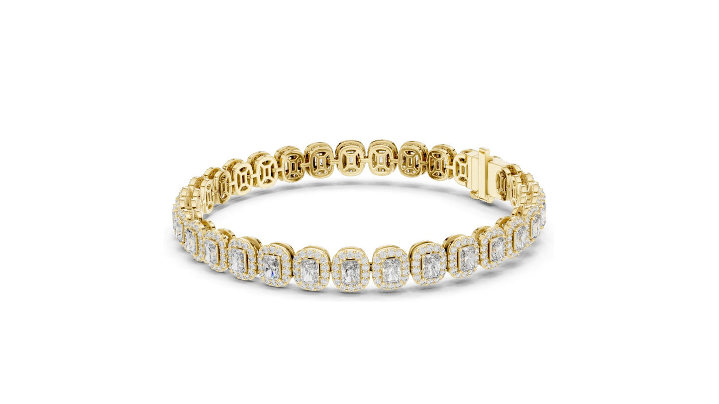 7.04 CT Lab Diamond Halo Tennis Bracelet | Emerald & Round Brilliant Cut | VVS–VS EF CVD | 10KT, 14KT, 18KT Gold & 925 Silver | Rose, Yellow, White Gold Options | Luxury Fine Jewelry