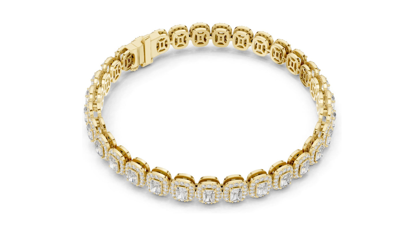 7.04 CT Lab Diamond Halo Tennis Bracelet | Emerald & Round Brilliant Cut | VVS–VS EF CVD | 10KT, 14KT, 18KT Gold & 925 Silver | Rose, Yellow, White Gold Options | Luxury Fine Jewelry