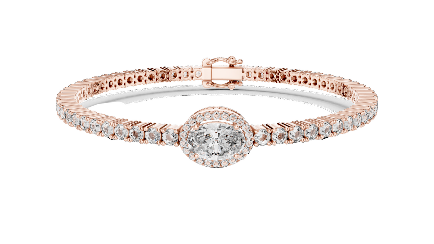 3.837 CT Lab Diamond Oval Halo Tennis Bracelet | Oval & Round Brilliant Cut | 10KT, 14KT, 18KT Gold & 925 Silver | Rose, Yellow, White Gold Options | Luxury Fine Jewelry