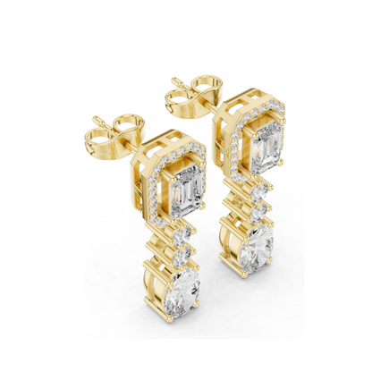 3.03 CT Lab Diamond Drop Earrings | VVS-VS EF Clarity, Emerald & Round Cut | 18KT, 14KT, 10KT Gold & 925 Silver | Rose, Yellow, White Gold | Luxury Fine Jewelry