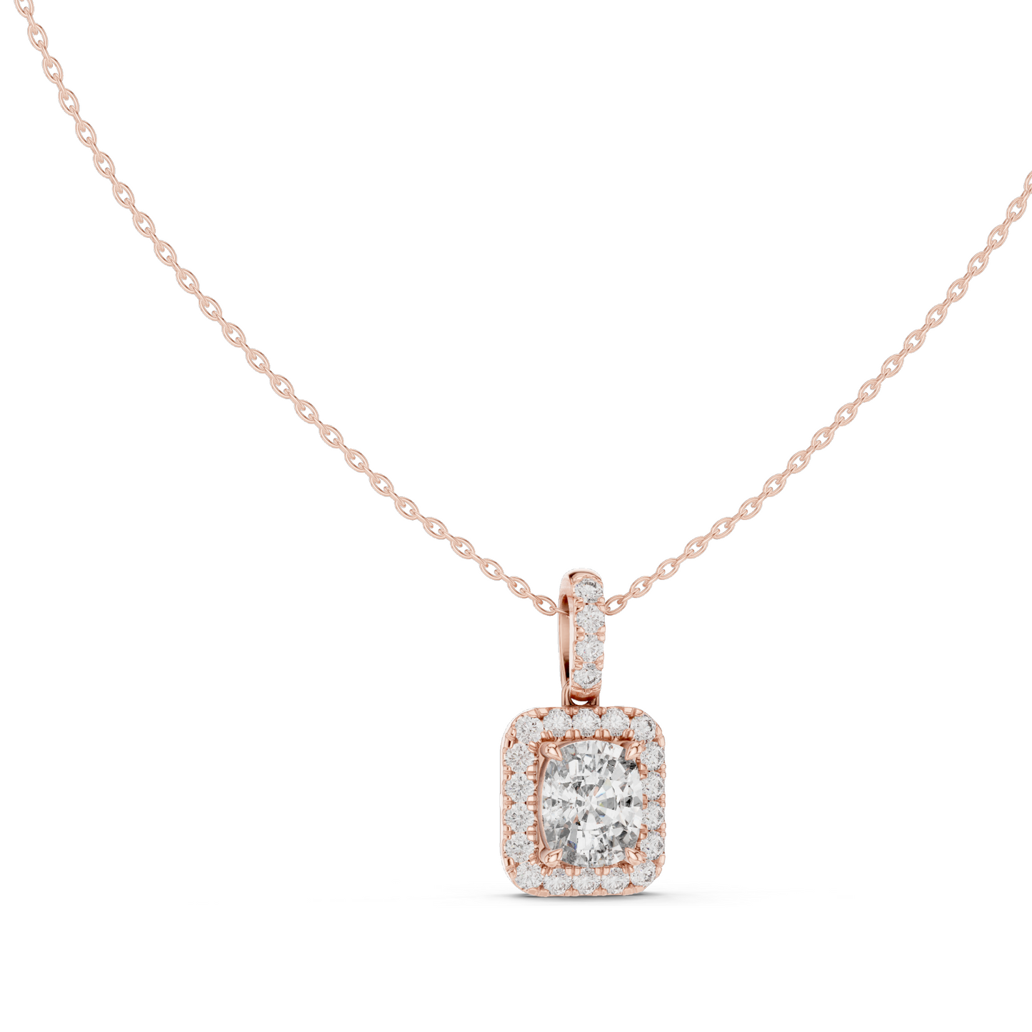 3.77 CT Lab-Created Cushion Cut VVS-VS EF Diamond Pendant Necklace | CVD Halo Design | 18KT & 14KT Gold in Rose, Yellow, White | Luxury Jewelry
