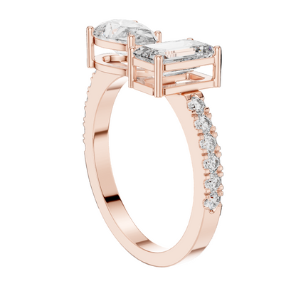 2.10 CT Emerald & Pear Cut Lab Diamond Ring | Dual Center Stone | VVS-VS EF Clarity | 18KT, 14KT, 10KT Gold & 925 Silver | Moissanite Options in Rose, Yellow, White Gold