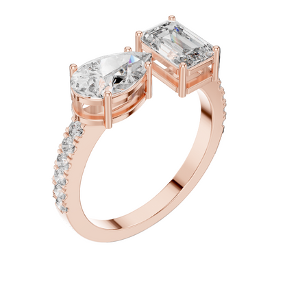 2.10 CT Emerald & Pear Cut Lab Diamond Ring | Dual Center Stone | VVS-VS EF Clarity | 18KT, 14KT, 10KT Gold & 925 Silver | Moissanite Options in Rose, Yellow, White Gold