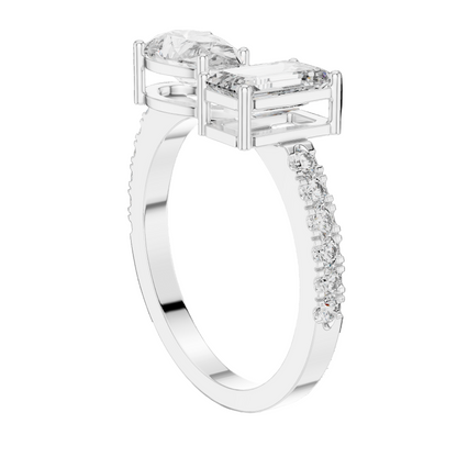 2.10 CT Emerald & Pear Cut Lab Diamond Ring | Dual Center Stone | VVS-VS EF Clarity | 18KT, 14KT, 10KT Gold & 925 Silver | Moissanite Options in Rose, Yellow, White Gold