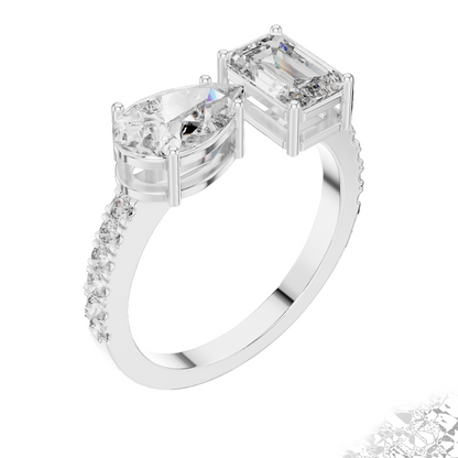 2.10 CT Emerald & Pear Cut Lab Diamond Ring | Dual Center Stone | VVS-VS EF Clarity | 18KT, 14KT, 10KT Gold & 925 Silver | Moissanite Options in Rose, Yellow, White Gold