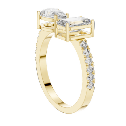 2.10 CT Emerald & Pear Cut Lab Diamond Ring | Dual Center Stone | VVS-VS EF Clarity | 18KT, 14KT, 10KT Gold & 925 Silver | Moissanite Options in Rose, Yellow, White Gold