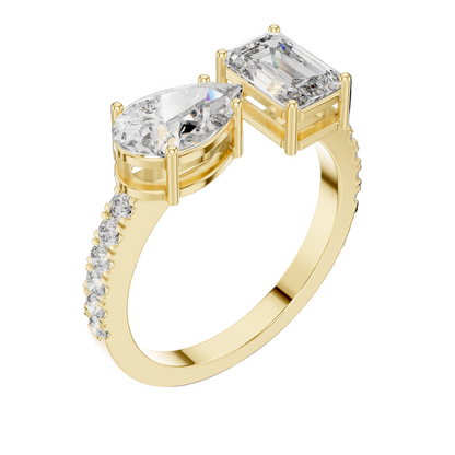 2.10 CT Emerald & Pear Cut Lab Diamond Ring | Dual Center Stone | VVS-VS EF Clarity | 18KT, 14KT, 10KT Gold & 925 Silver | Moissanite Options in Rose, Yellow, White Gold