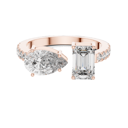 2.10 CT Emerald & Pear Cut Lab Diamond Ring | Dual Center Stone | VVS-VS EF Clarity | 18KT, 14KT, 10KT Gold & 925 Silver | Moissanite Options in Rose, Yellow, White Gold