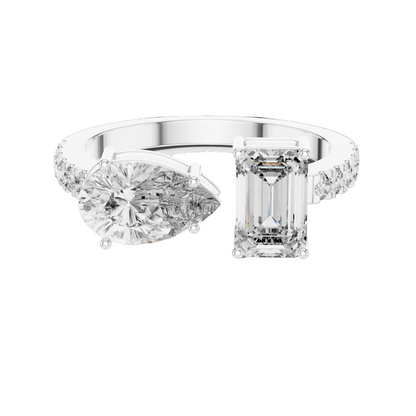 2.10 CT Emerald & Pear Cut Lab Diamond Ring | Dual Center Stone | VVS-VS EF Clarity | 18KT, 14KT, 10KT Gold & 925 Silver | Moissanite Options in Rose, Yellow, White Gold