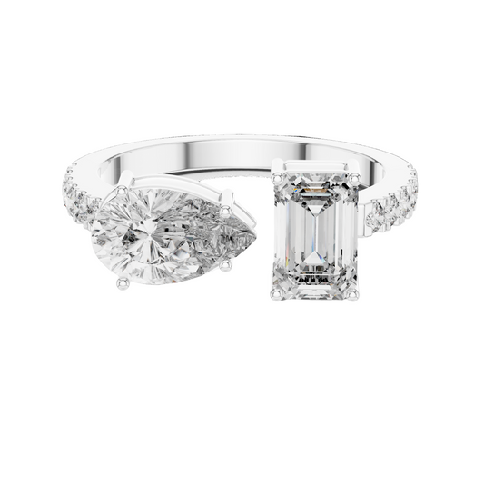 2.10 CT Emerald & Pear Cut Lab Diamond Ring | Dual Center Stone | VVS-VS EF Clarity | 18KT, 14KT, 10KT Gold & 925 Silver | Moissanite Options in Rose, Yellow, White Gold