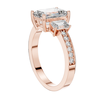 2.66 CT Emerald Cut Lab Diamond 3-Stone Ring for Women | VVS-VS EF CVD | 18KT, 14KT, 10KT Gold & 925 Silver | Rose, Yellow, White Gold & Moissanite Options