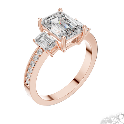 2.66 CT Emerald Cut Lab Diamond 3-Stone Ring for Women | VVS-VS EF CVD | 18KT, 14KT, 10KT Gold & 925 Silver | Rose, Yellow, White Gold & Moissanite Options