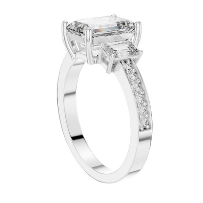 2.66 CT Emerald Cut Lab Diamond 3-Stone Ring for Women | VVS-VS EF CVD | 18KT, 14KT, 10KT Gold & 925 Silver | Rose, Yellow, White Gold & Moissanite Options
