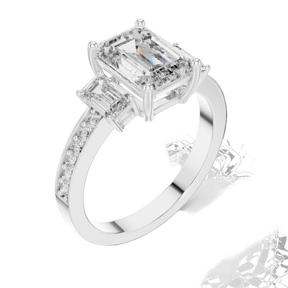 2.66 CT Emerald Cut Lab Diamond 3-Stone Ring for Women | VVS-VS EF CVD | 18KT, 14KT, 10KT Gold & 925 Silver | Rose, Yellow, White Gold & Moissanite Options