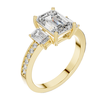 2.66 CT Emerald Cut Lab Diamond 3-Stone Ring for Women | VVS-VS EF CVD | 18KT, 14KT, 10KT Gold & 925 Silver | Rose, Yellow, White Gold & Moissanite Options