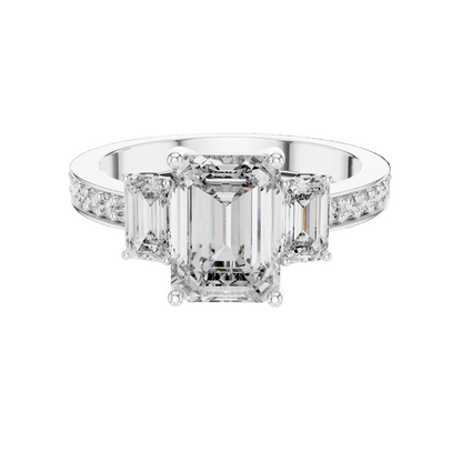 2.66 CT Emerald Cut Lab Diamond 3-Stone Ring for Women | VVS-VS EF CVD | 18KT, 14KT, 10KT Gold & 925 Silver | Rose, Yellow, White Gold & Moissanite Options
