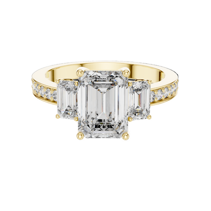 2.66 CT Emerald Cut Lab Diamond 3-Stone Ring for Women | VVS-VS EF CVD | 18KT, 14KT, 10KT Gold & 925 Silver | Rose, Yellow, White Gold & Moissanite Options