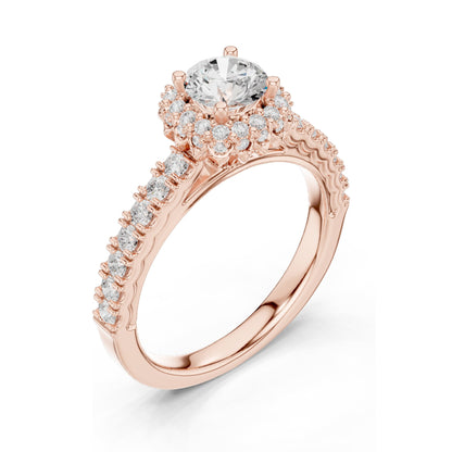 1.414 CT Round Brilliant Lab Diamond Halo Engagement Ring with Baguette Side Stones | VVS-VS EF Clarity | 18KT, 14KT, 10KT Gold & 925 Silver | Rose, Yellow, White Gold & Moissanite Options