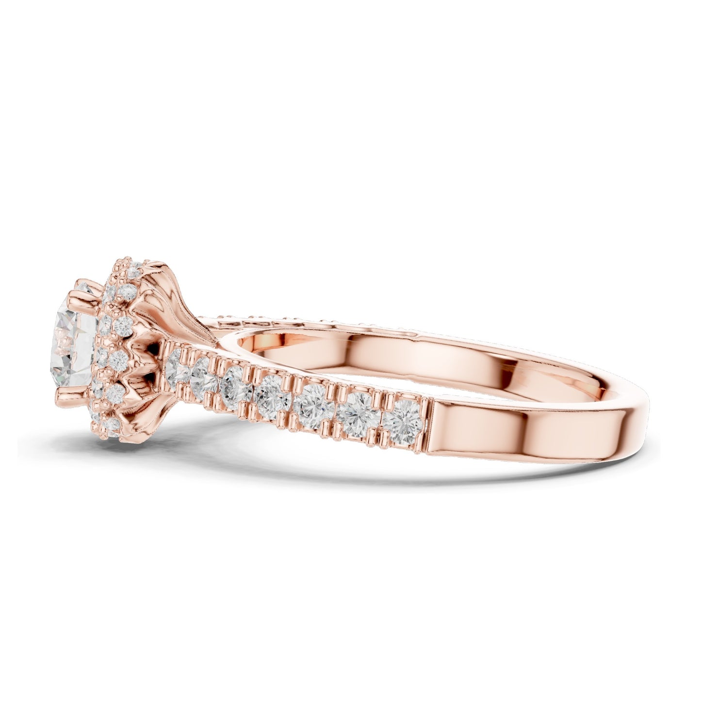 1.414 CT Round Brilliant Lab Diamond Halo Engagement Ring with Baguette Side Stones | VVS-VS EF Clarity | 18KT, 14KT, 10KT Gold & 925 Silver | Rose, Yellow, White Gold & Moissanite Options