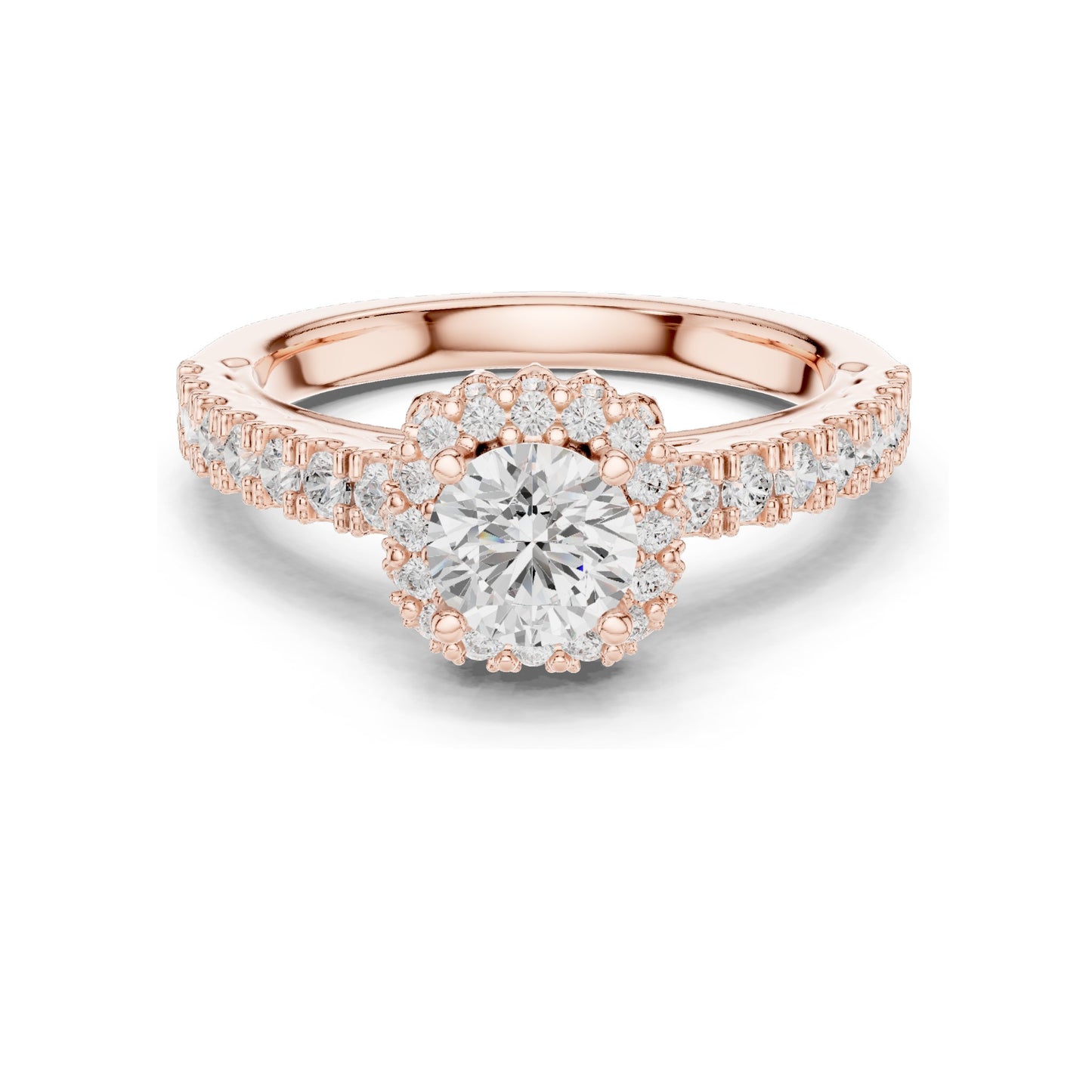 1.414 CT Round Brilliant Lab Diamond Halo Engagement Ring with Baguette Side Stones | VVS-VS EF Clarity | 18KT, 14KT, 10KT Gold & 925 Silver | Rose, Yellow, White Gold & Moissanite Options