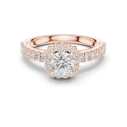 1.414 CT Round Brilliant Lab Diamond Halo Engagement Ring with Baguette Side Stones | VVS-VS EF Clarity | 18KT, 14KT, 10KT Gold & 925 Silver | Rose, Yellow, White Gold & Moissanite Options