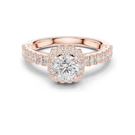 1.414 CT Round Brilliant Lab Diamond Halo Engagement Ring with Baguette Side Stones | VVS-VS EF Clarity | 18KT, 14KT, 10KT Gold & 925 Silver | Rose, Yellow, White Gold & Moissanite Options