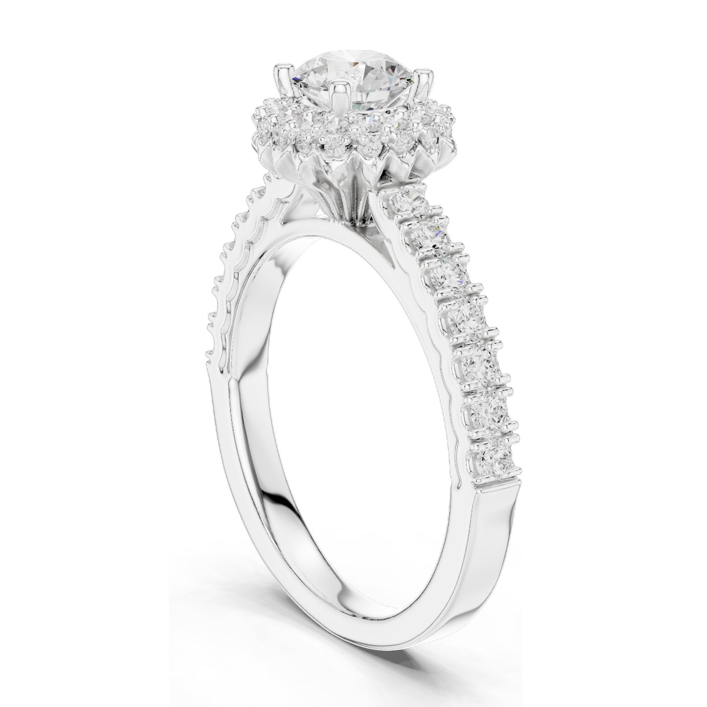 1.414 CT Round Brilliant Lab Diamond Halo Engagement Ring with Baguette Side Stones | VVS-VS EF Clarity | 18KT, 14KT, 10KT Gold & 925 Silver | Rose, Yellow, White Gold & Moissanite Options