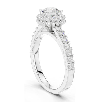1.414 CT Round Brilliant Lab Diamond Halo Engagement Ring with Baguette Side Stones | VVS-VS EF Clarity | 18KT, 14KT, 10KT Gold & 925 Silver | Rose, Yellow, White Gold & Moissanite Options