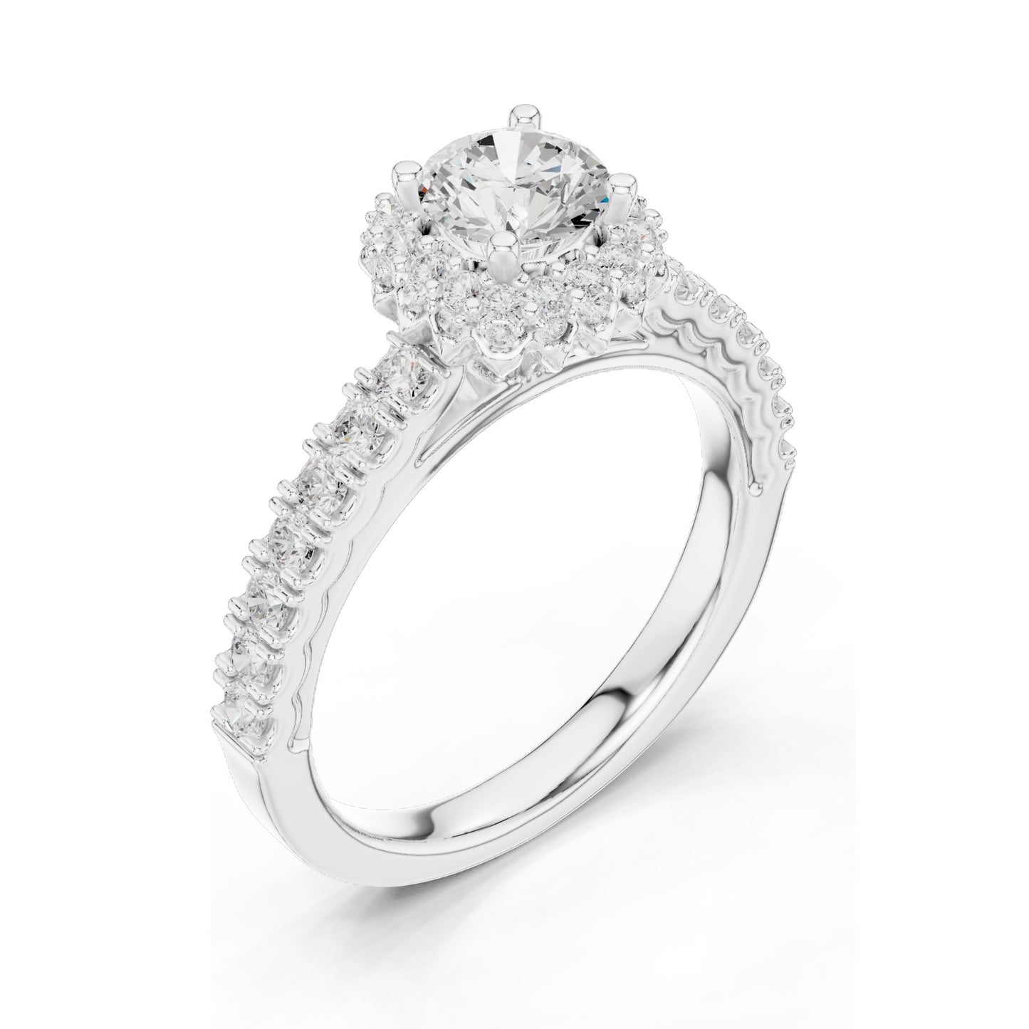 1.414 CT Round Brilliant Lab Diamond Halo Engagement Ring with Baguette Side Stones | VVS-VS EF Clarity | 18KT, 14KT, 10KT Gold & 925 Silver | Rose, Yellow, White Gold & Moissanite Options
