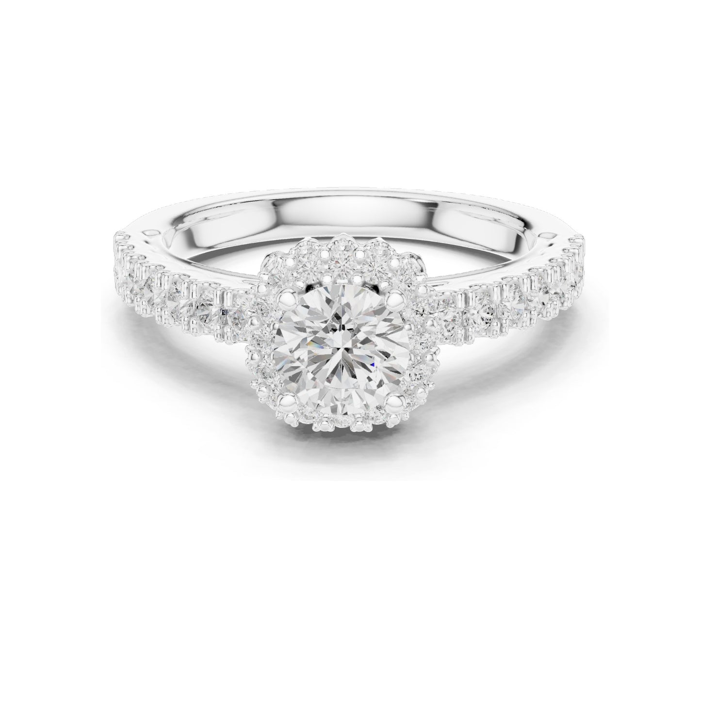 1.414 CT Round Brilliant Lab Diamond Halo Engagement Ring with Baguette Side Stones | VVS-VS EF Clarity | 18KT, 14KT, 10KT Gold & 925 Silver | Rose, Yellow, White Gold & Moissanite Options