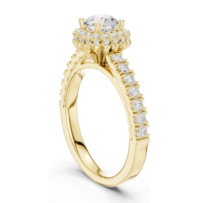 1.414 CT Round Brilliant Lab Diamond Halo Engagement Ring with Baguette Side Stones | VVS-VS EF Clarity | 18KT, 14KT, 10KT Gold & 925 Silver | Rose, Yellow, White Gold & Moissanite Options