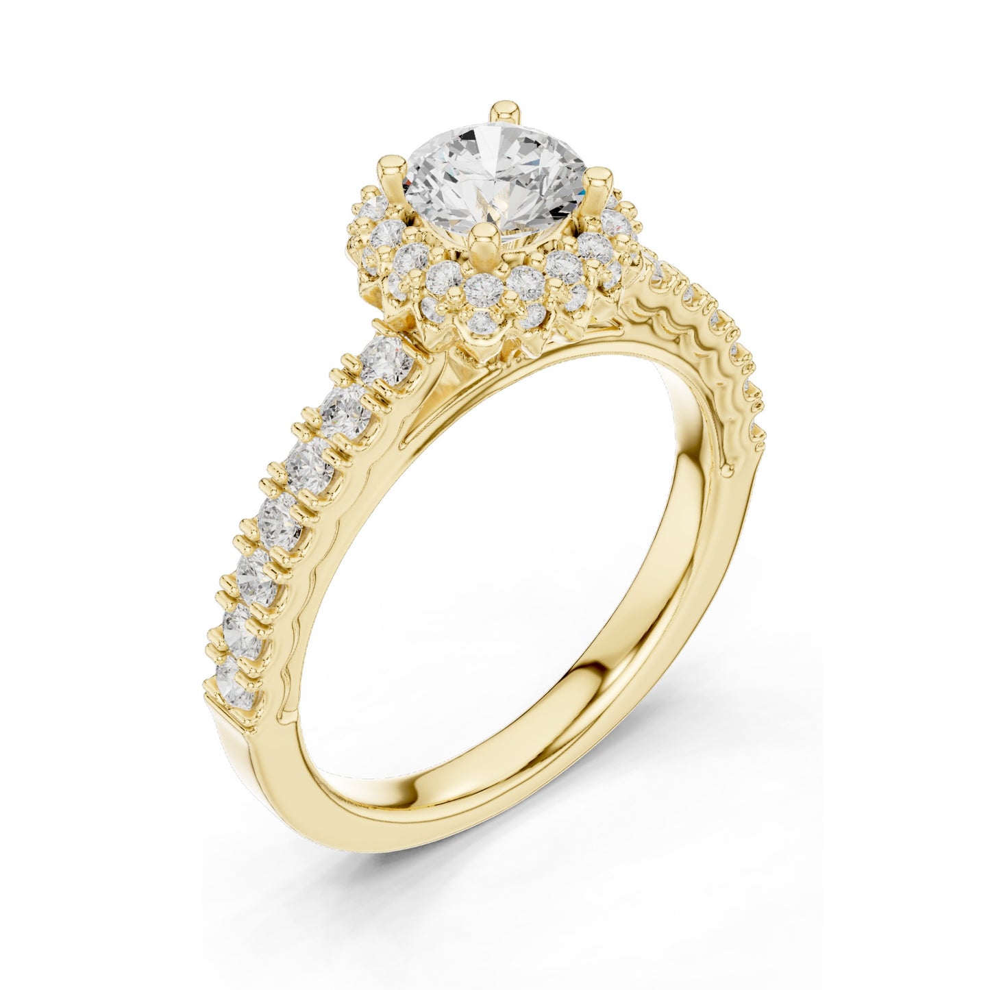 1.414 CT Round Brilliant Lab Diamond Halo Engagement Ring with Baguette Side Stones | VVS-VS EF Clarity | 18KT, 14KT, 10KT Gold & 925 Silver | Rose, Yellow, White Gold & Moissanite Options