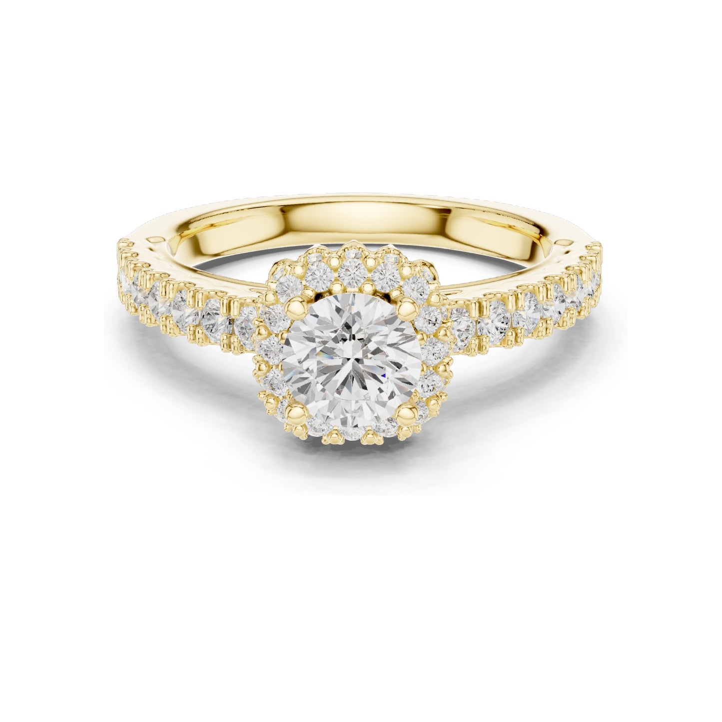 1.414 CT Round Brilliant Lab Diamond Halo Engagement Ring with Baguette Side Stones | VVS-VS EF Clarity | 18KT, 14KT, 10KT Gold & 925 Silver | Rose, Yellow, White Gold & Moissanite Options