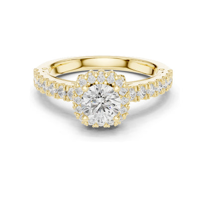 1.414 CT Round Brilliant Lab Diamond Halo Engagement Ring with Baguette Side Stones | VVS-VS EF Clarity | 18KT, 14KT, 10KT Gold & 925 Silver | Rose, Yellow, White Gold & Moissanite Options