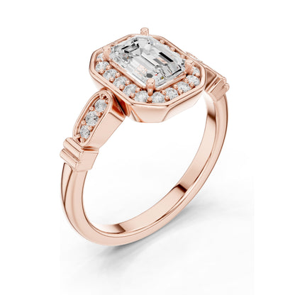 1.286 CT Emerald Cut Lab Diamond Halo Engagement Ring | VVS-VS EF Clarity | 18KT, 14KT, 10KT Gold & 925 Silver | Rose, Yellow, White Gold & Moissanite Options