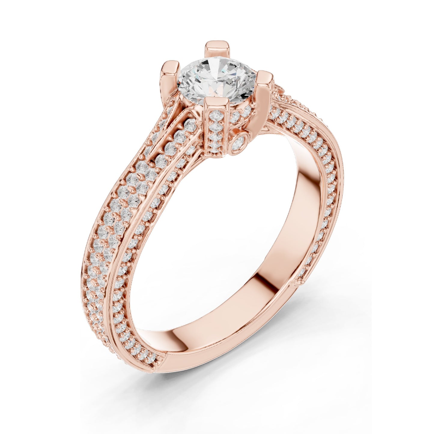 1.502 CT Round Brilliant Lab Diamond Engagement Ring with Pave Accents | VVS-VS EF Clarity | 18KT, 14KT, 10KT Gold & 925 Silver | Rose, Yellow, White Gold & Moissanite Options