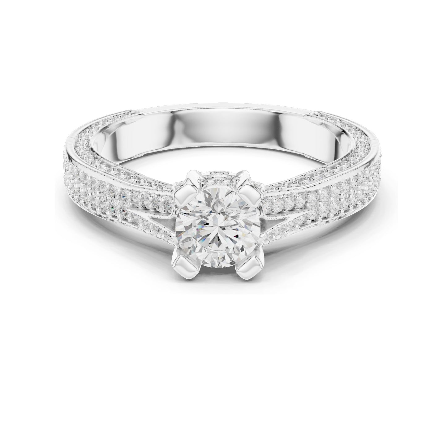 1.502 CT Round Brilliant Lab Diamond Engagement Ring with Pave Accents | VVS-VS EF Clarity | 18KT, 14KT, 10KT Gold & 925 Silver | Rose, Yellow, White Gold & Moissanite Options