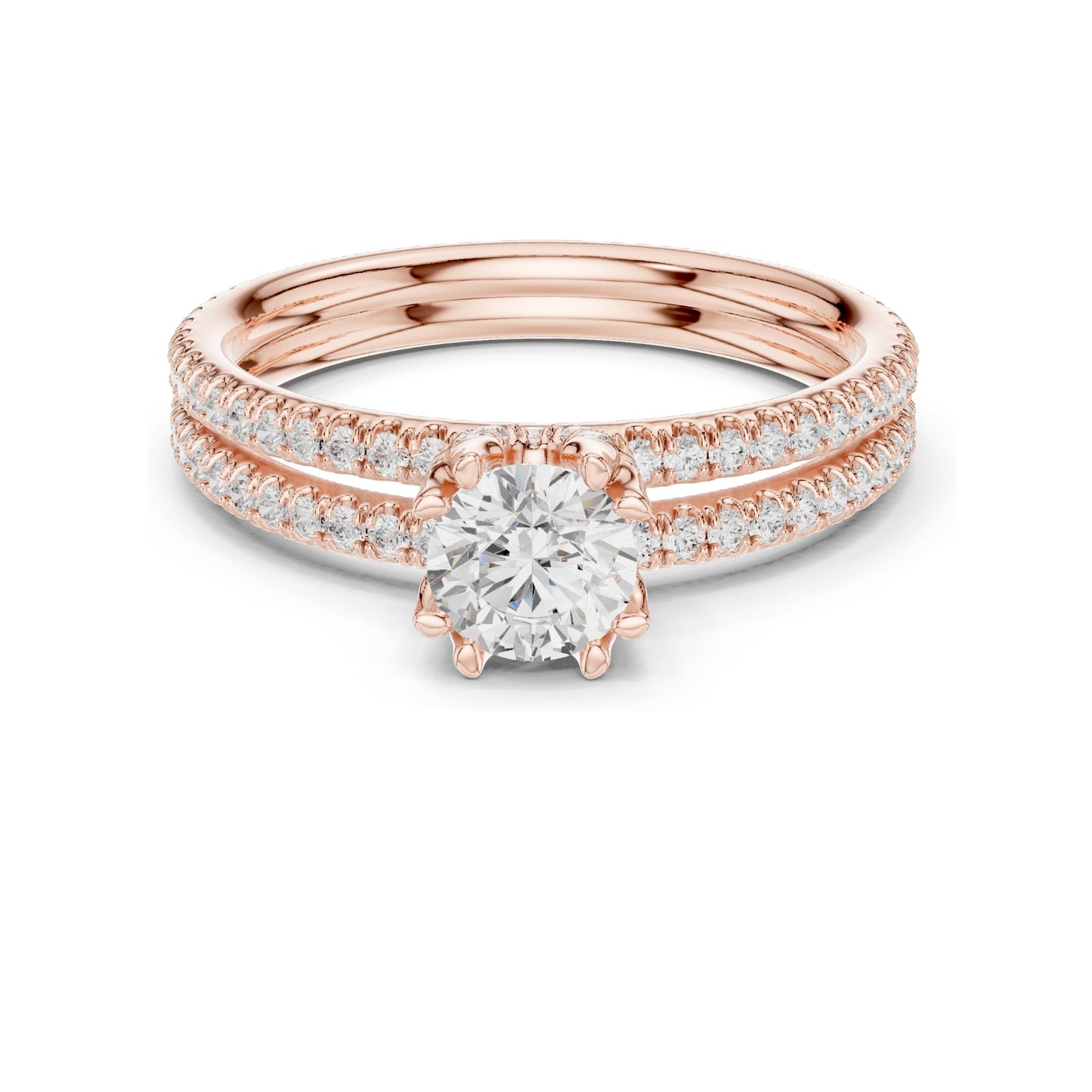 1.27 CT Round Brilliant Lab Diamond Engagement Ring with Double Pave Band | VVS-VS EF Clarity | 18KT, 14KT, 10KT Gold & 925 Silver | Rose, Yellow, White Gold & Moissanite Options