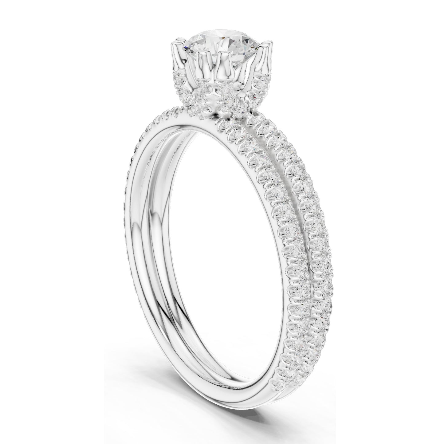 1.27 CT Round Brilliant Lab Diamond Engagement Ring with Double Pave Band | VVS-VS EF Clarity | 18KT, 14KT, 10KT Gold & 925 Silver | Rose, Yellow, White Gold & Moissanite Options