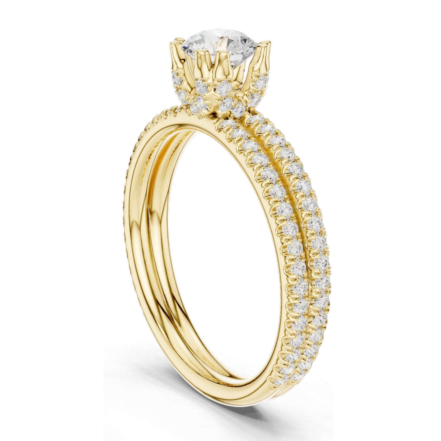 1.27 CT Round Brilliant Lab Diamond Engagement Ring with Double Pave Band | VVS-VS EF Clarity | 18KT, 14KT, 10KT Gold & 925 Silver | Rose, Yellow, White Gold & Moissanite Options